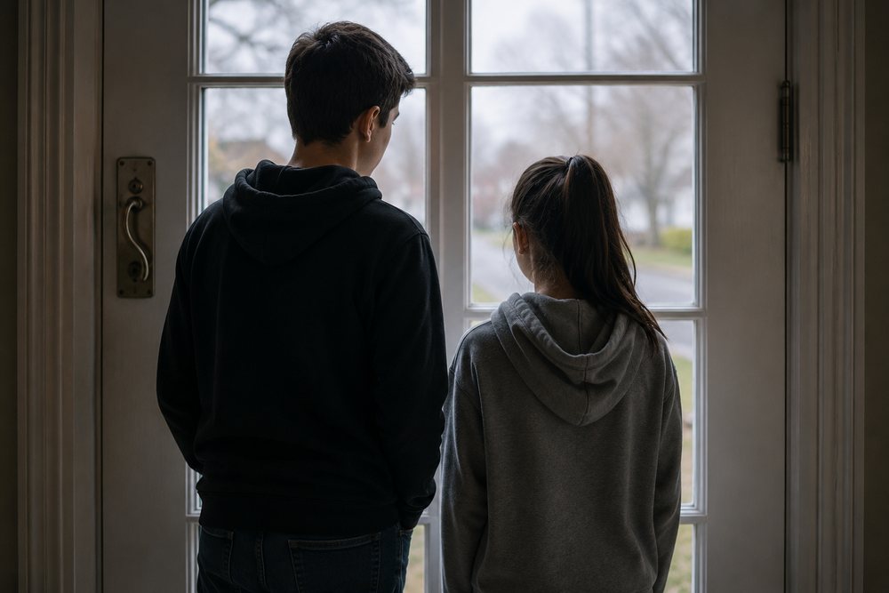 Two teenagers standing side by side at a glazed door, looking out at the street.